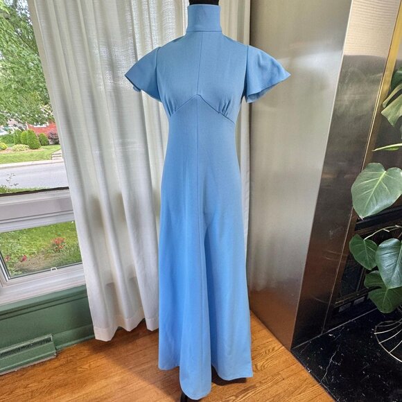 Vintage 60s dress, sky blue, Mod minimalist gown, high neck, flutter sleeves - Picture 1 of 10